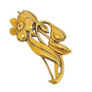 Art Nouveau Brass Flower Pin Brooch with C Clasp